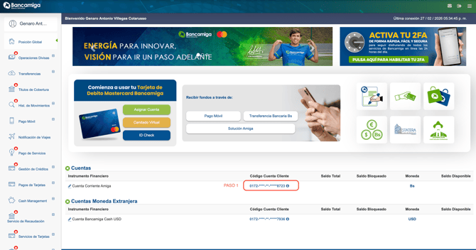 Cuenta corriente seleccionada en Bancamiga