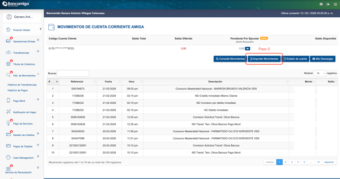 Boton Exportar Movimientos en Bancamiga
