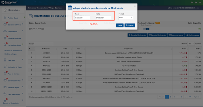 Rango de fechas para exportar movimientos en Bancamiga