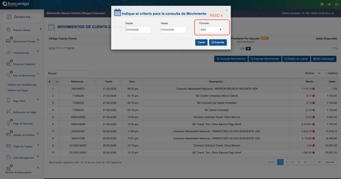 Formato CSV seleccionado en Bancamiga