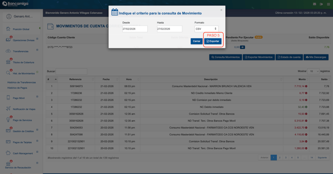 Exportacion del archivo CSV en Bancamiga