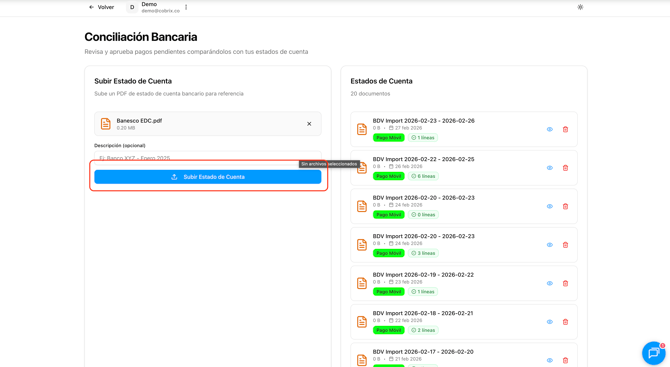 Confirmacion de subida del estado de cuenta de Bancamiga