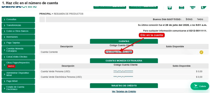 Cuenta seleccionada en BanescoOnline