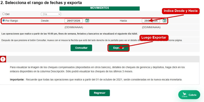 Rango de fechas y opcion Exportar en BanescoOnline