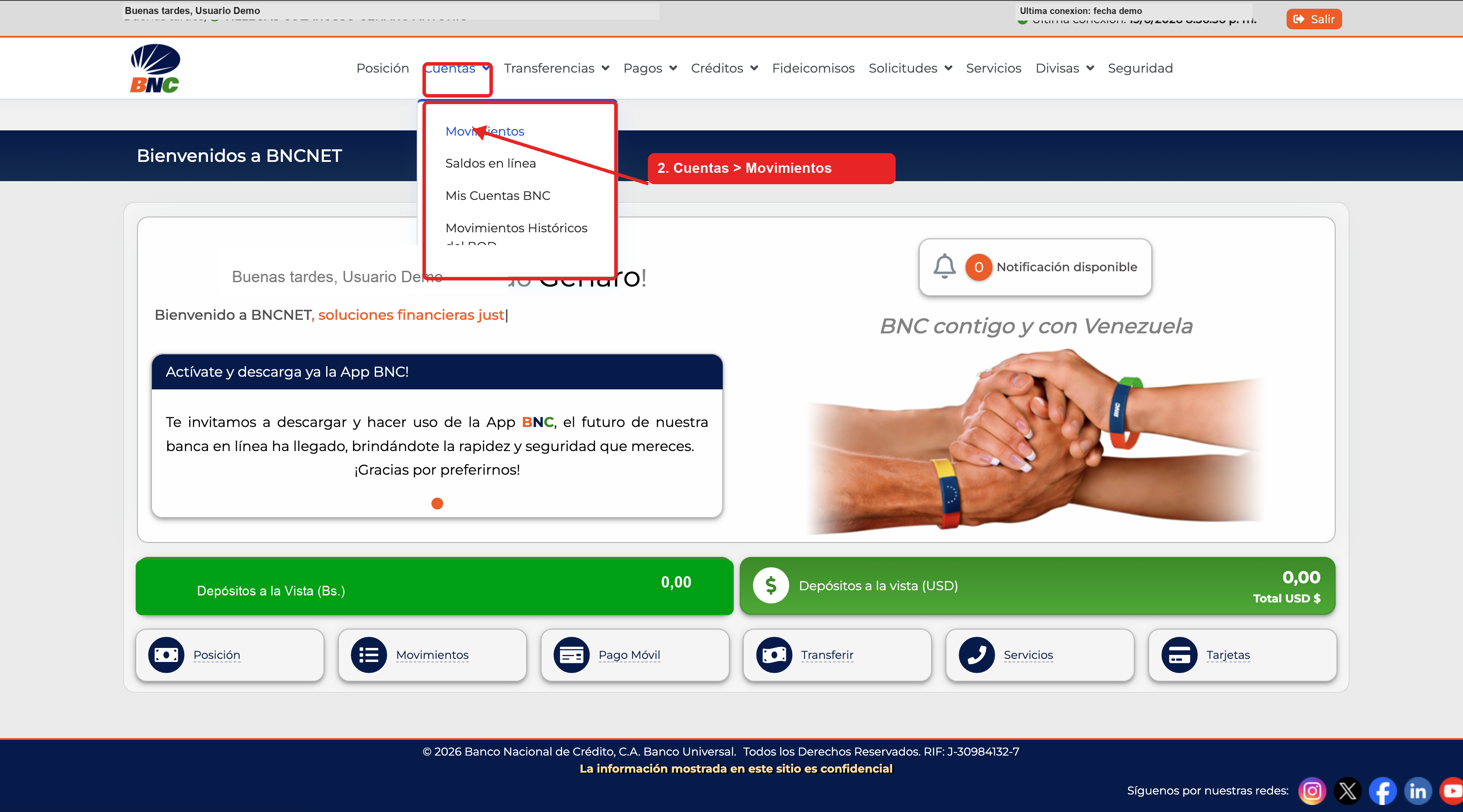 Menu Cuentas y opcion Movimientos en BNCNET