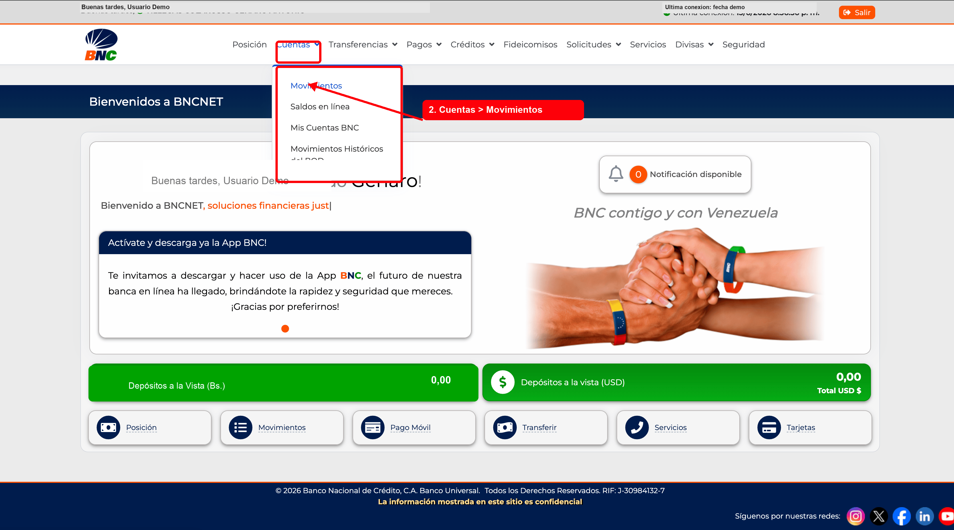Menu Cuentas y opcion Movimientos en BNCNET