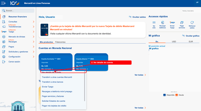 Opcion Ver detalle de cuenta en Mercantil