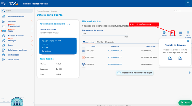Boton Descargar movimientos en Mercantil