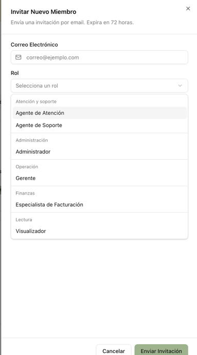 Panel para invitar un miembro