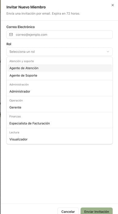 Panel para invitar un miembro