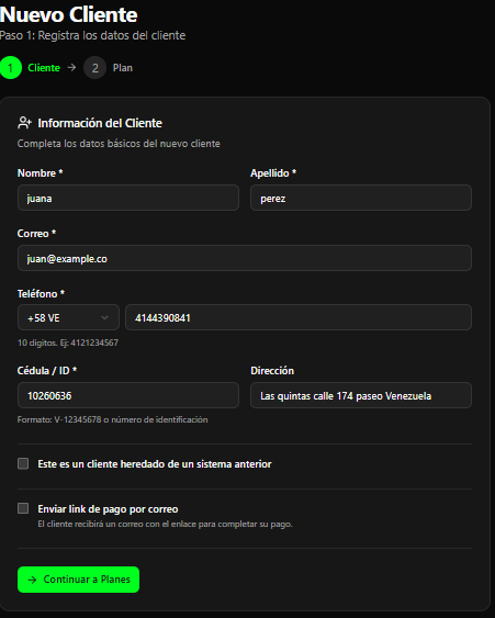 Formulario de datos basicos del cliente