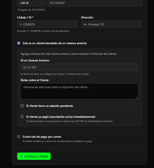 Opciones de cobro inicial del cliente