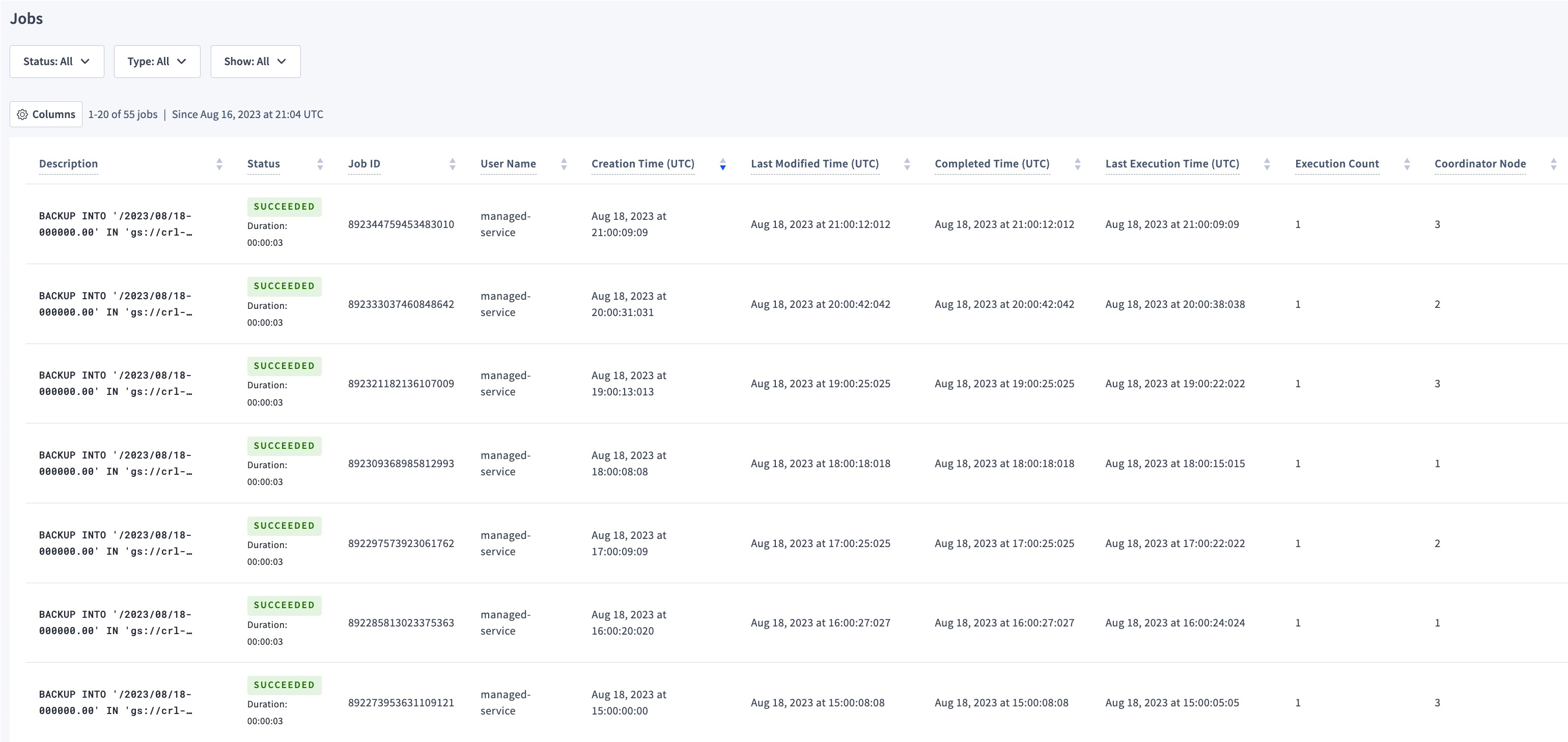 DB Console Jobs Page