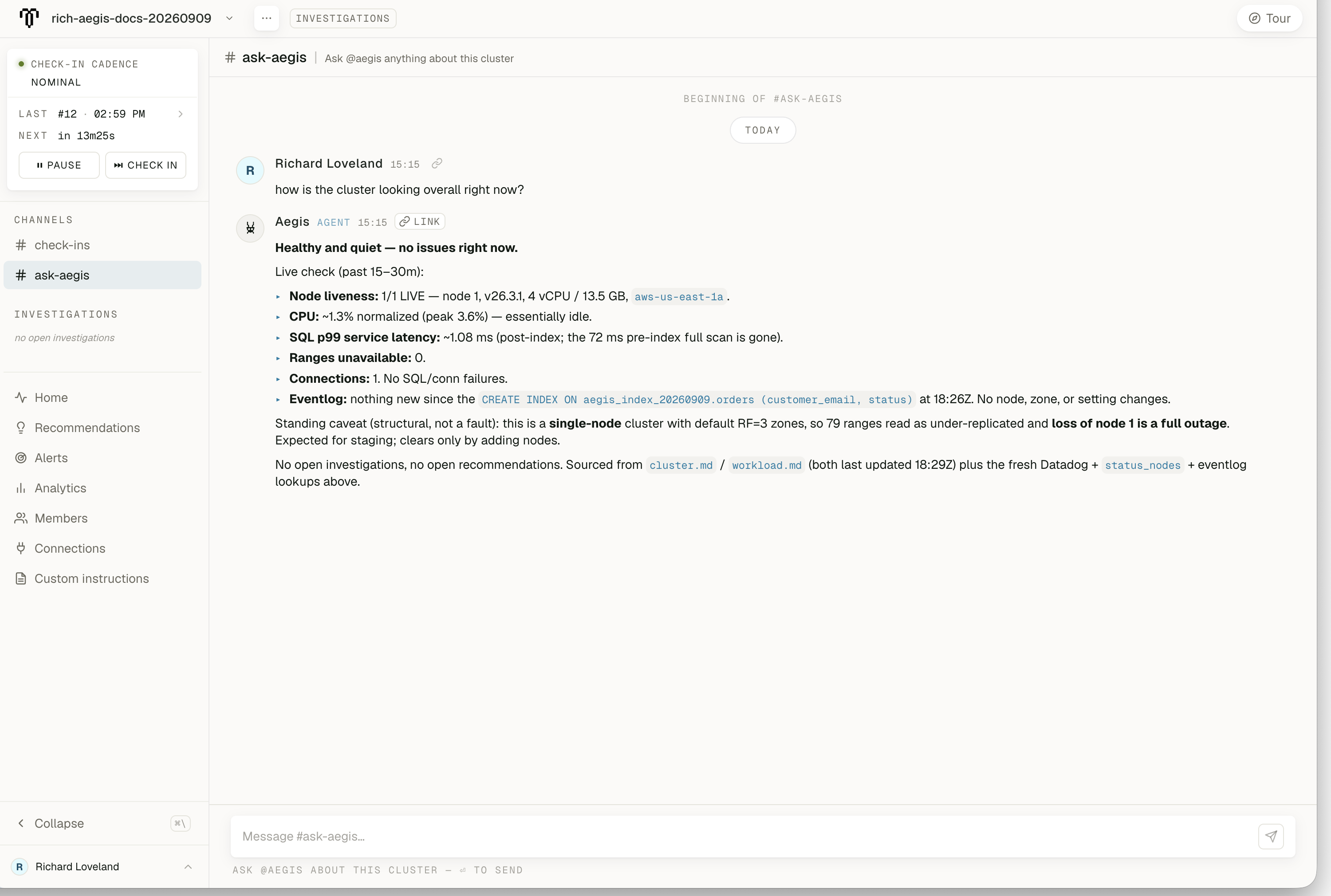 Ask Aegis answering a question about the connected cluster's current health, citing observations and noting the single-node cluster's lack of fault tolerance.