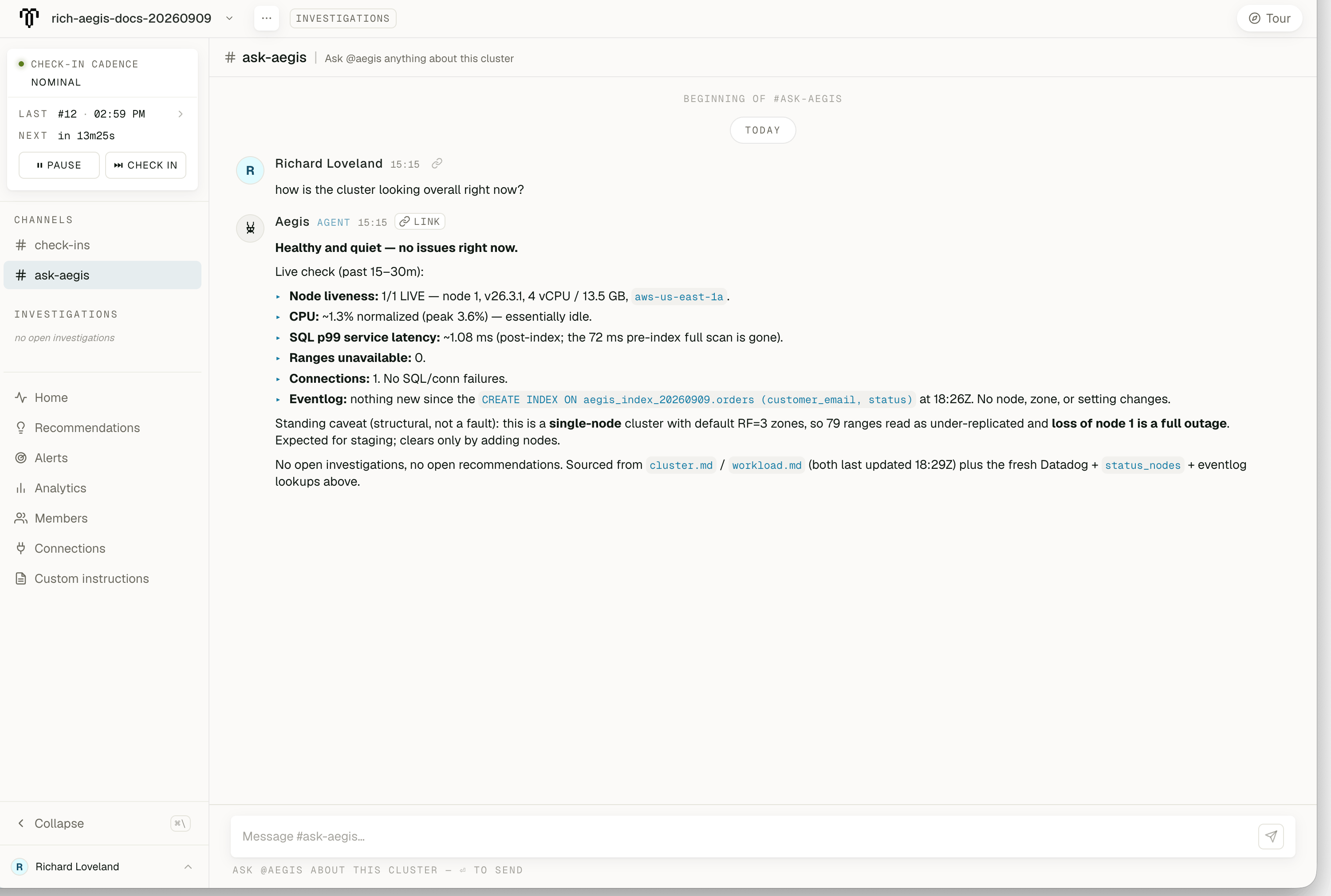 Ask Aegis answering a question about the connected cluster's current health, citing observations and noting the single-node cluster's lack of fault tolerance.