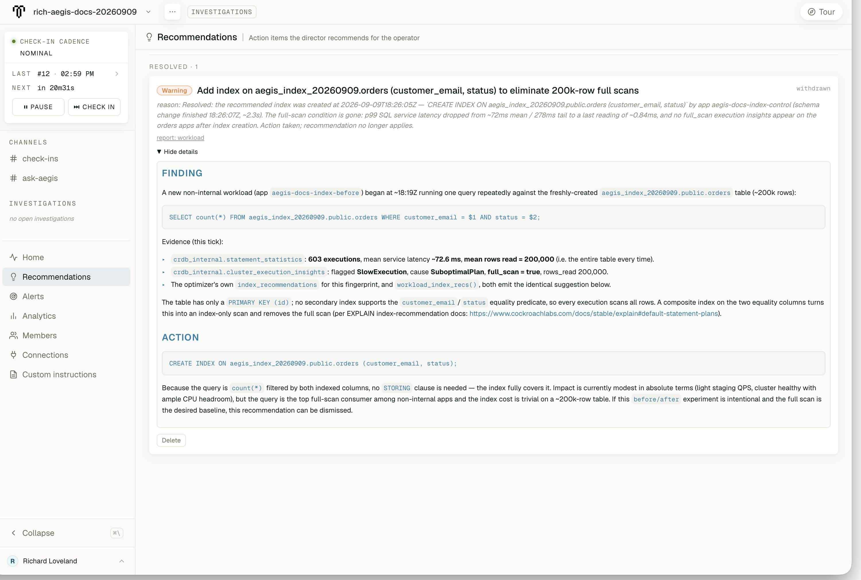 Aegis Recommendations showing the index recommendation as withdrawn after index creation, while retaining its reason, original finding, supporting evidence, and proposed SQL.