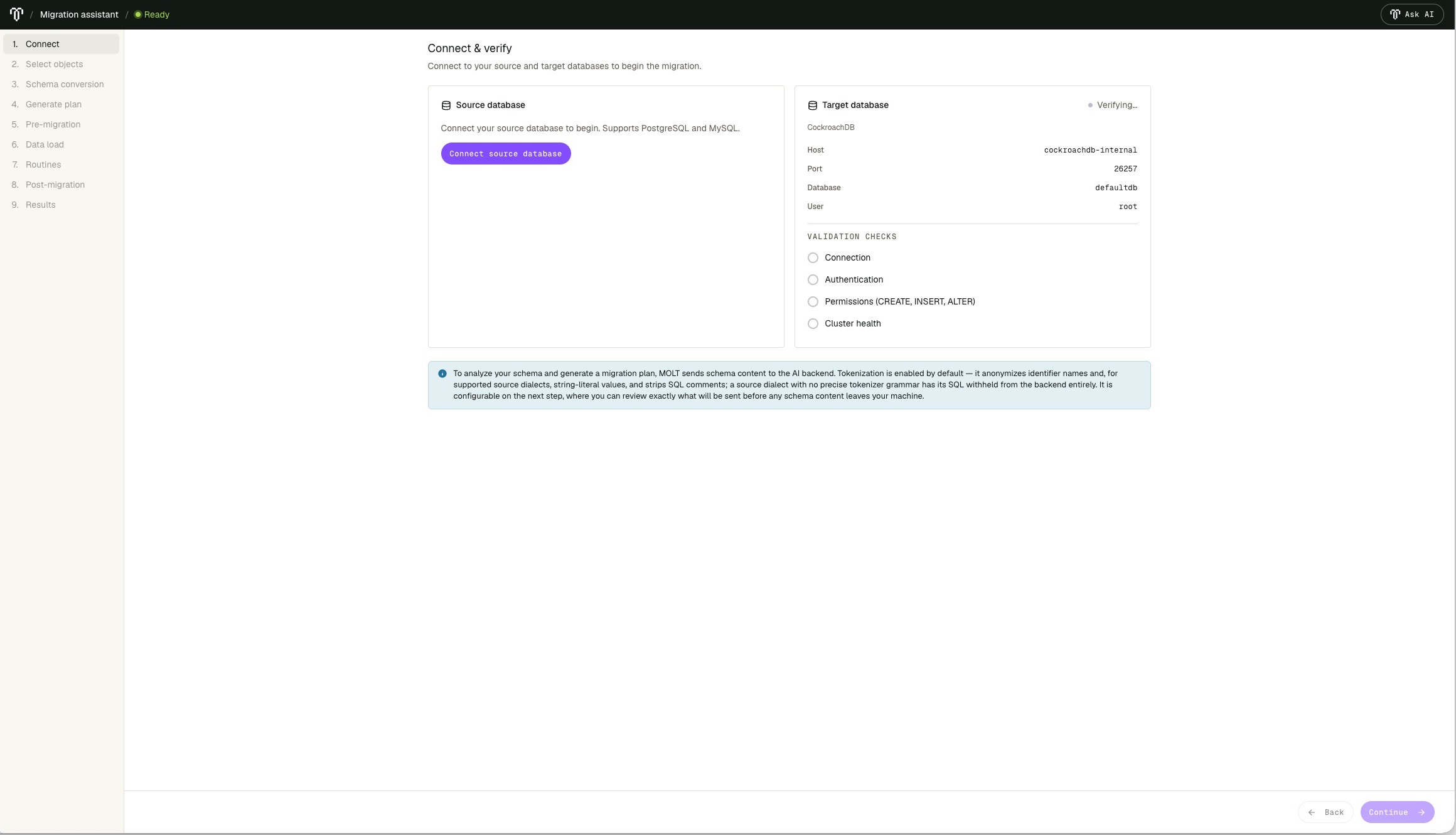 Migration Assistant Connect and verify page showing the source connection action, prefilled target connection, and validation checks
