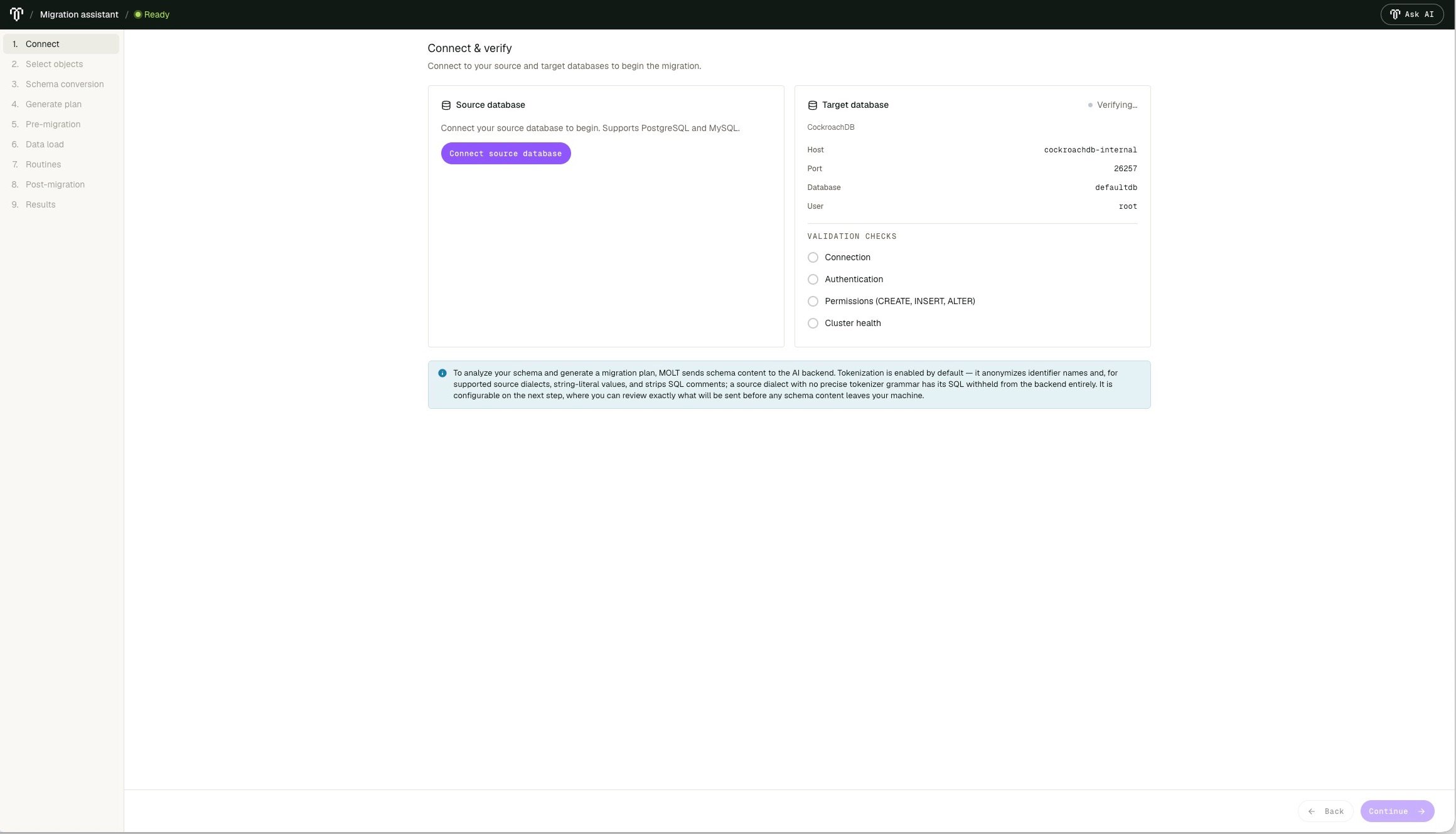 Migration Assistant Connect and verify page showing the source connection action, prefilled target connection, and validation checks