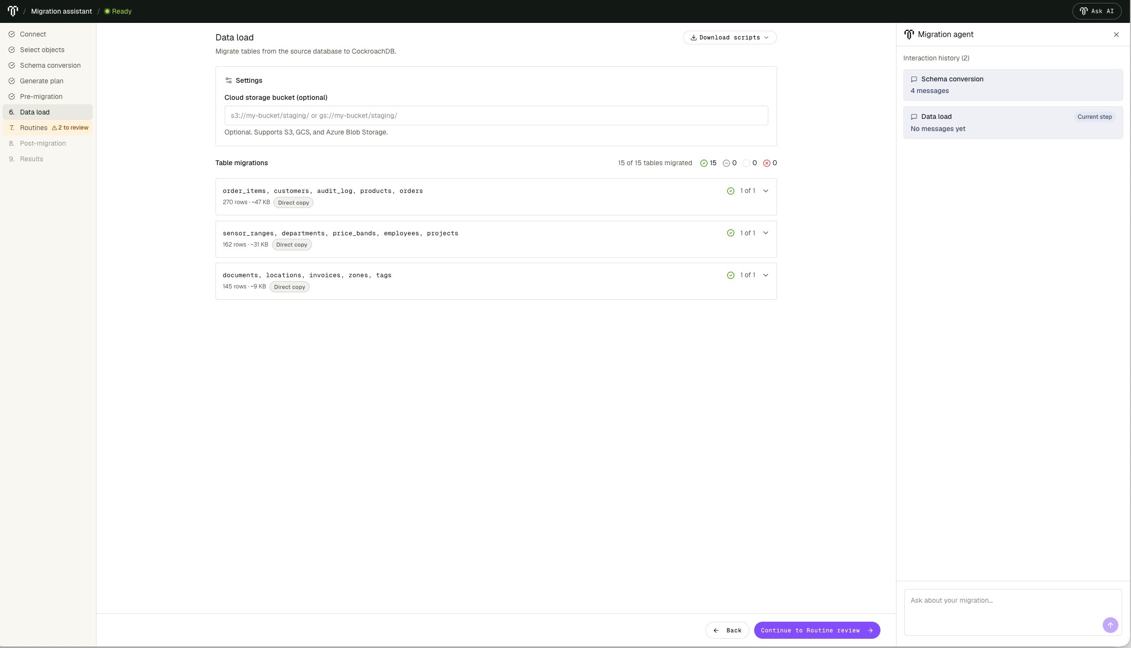 Data load page showing three completed direct-copy table-migration batches
