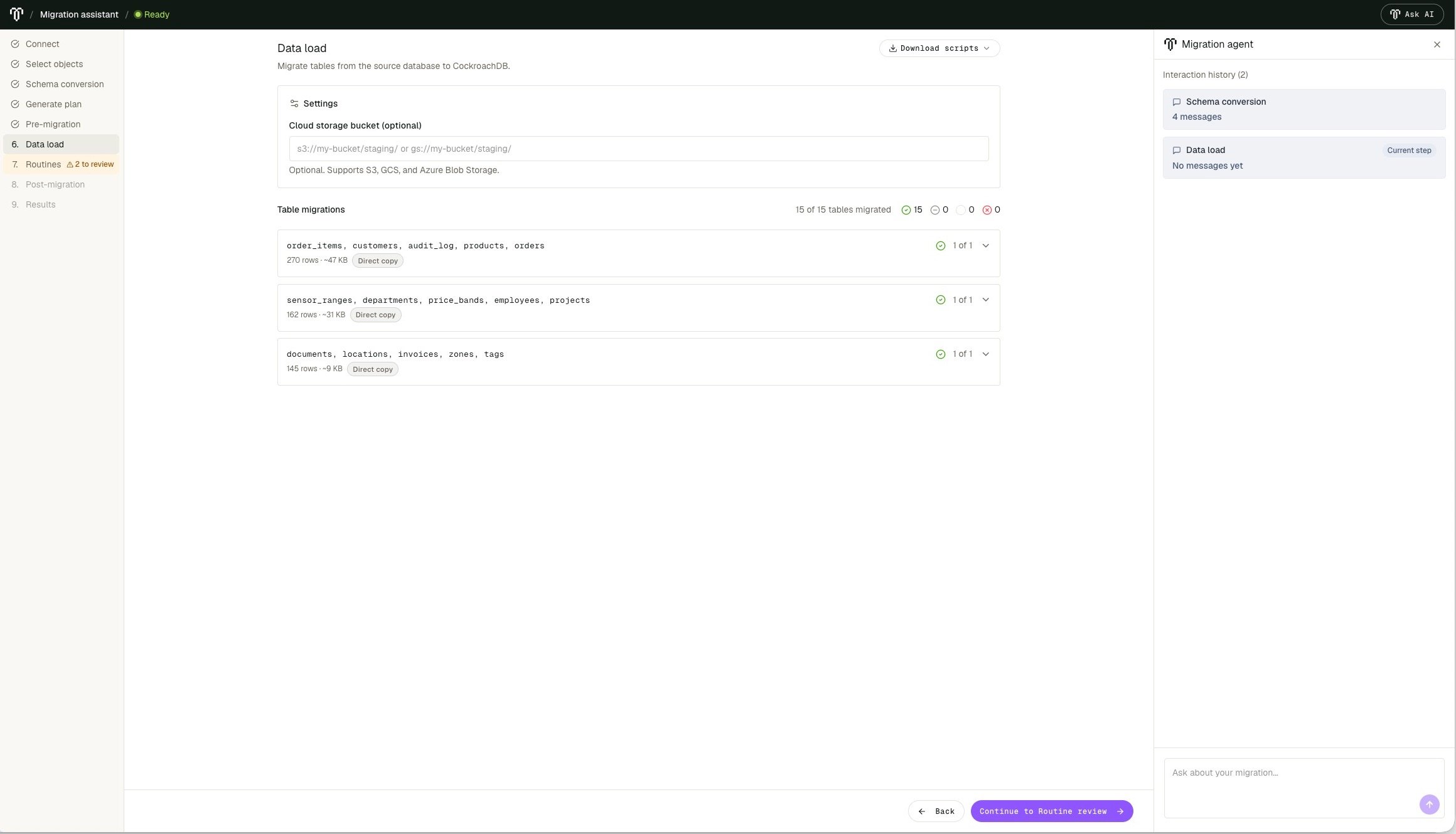 Data load page showing three completed direct-copy table-migration batches