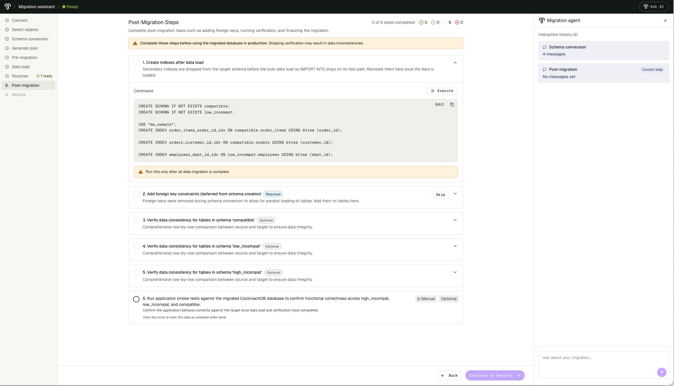 Post-migration page showing index creation, deferred foreign keys, data verification, and manual application testing
