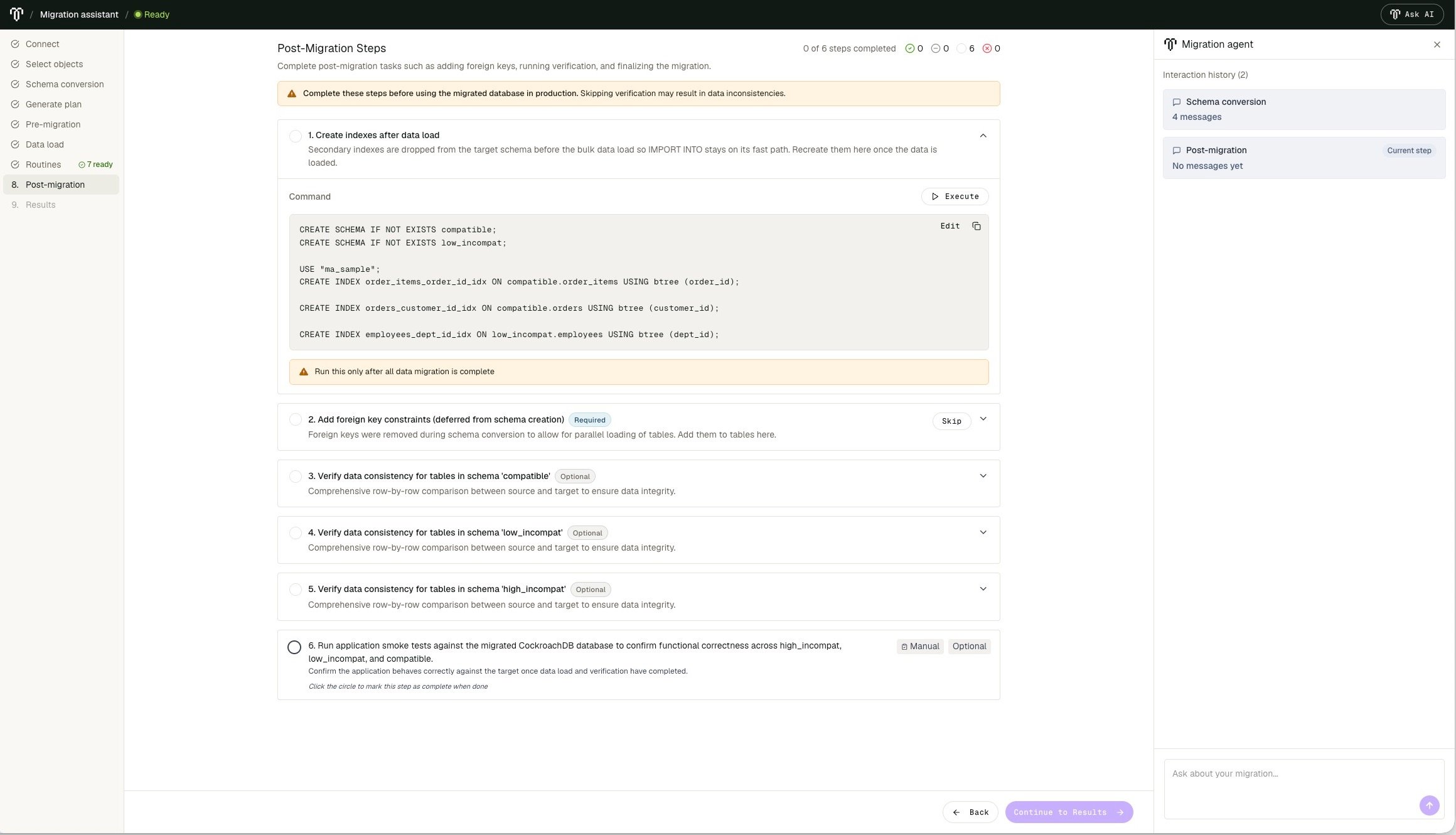 Post-migration page showing index creation, deferred foreign keys, data verification, and manual application testing