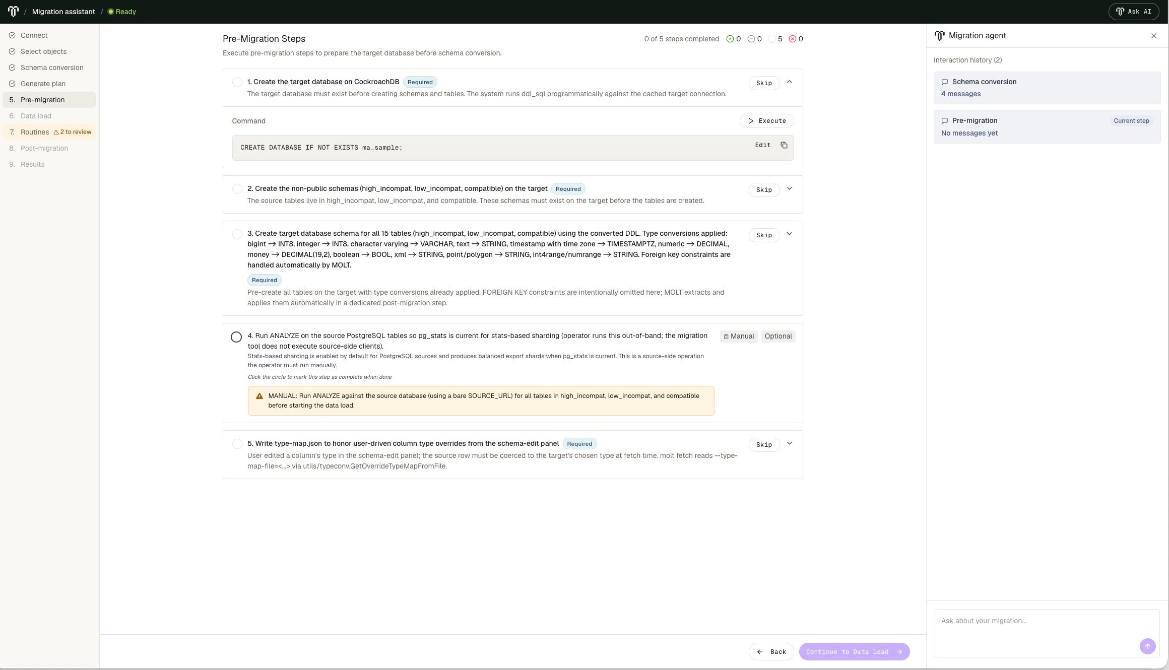 Pre-migration page showing required executable steps and an optional manual source-database step