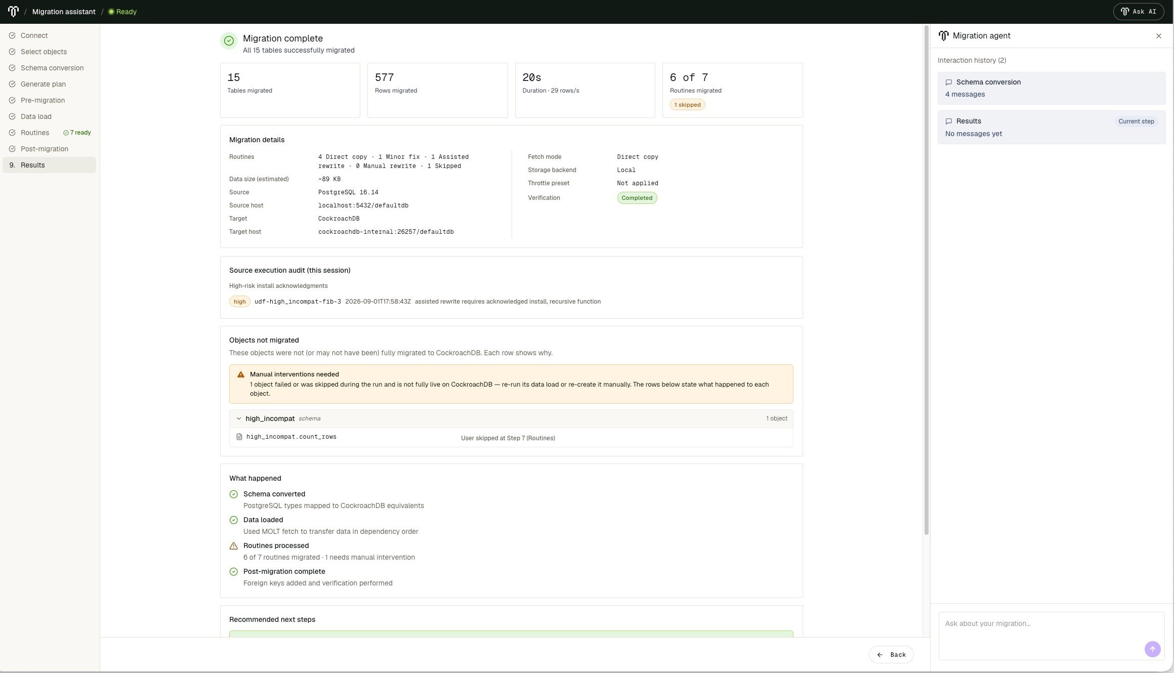 Migration results showing migrated tables and routines, verification status, source-execution audit, and an object requiring manual intervention