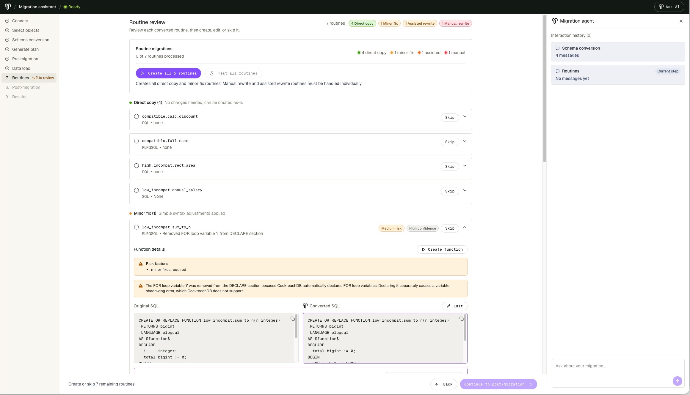Routine review page showing direct-copy, minor-fix, assisted-rewrite, and manual-rewrite classifications