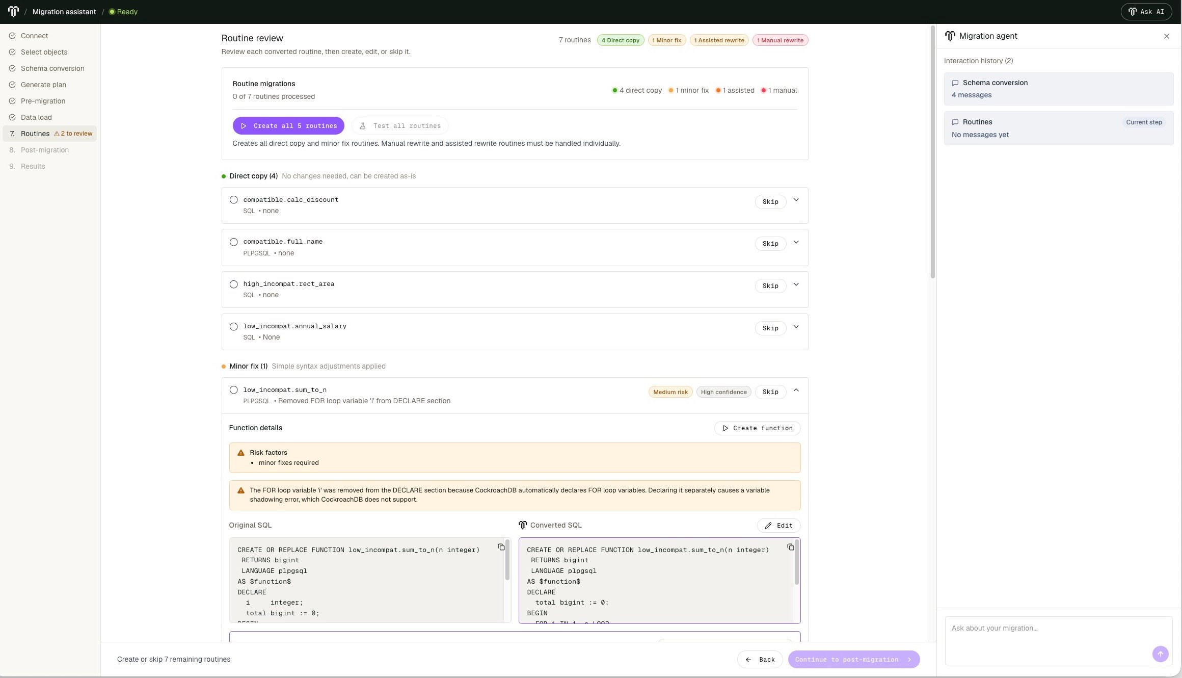 Routine review page showing direct-copy, minor-fix, assisted-rewrite, and manual-rewrite classifications