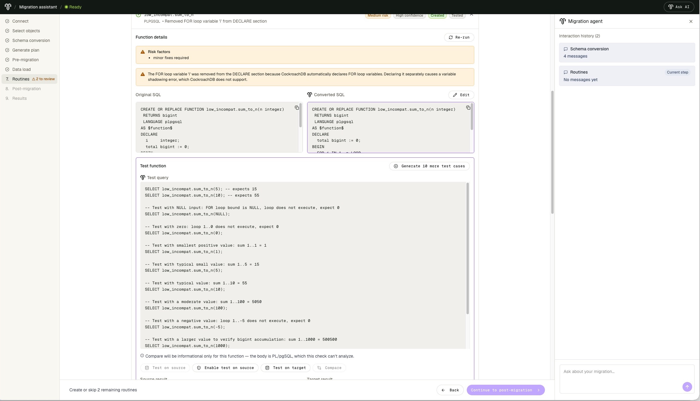 Routine review showing source and converted SQL, generated test queries, and controls for source and target testing