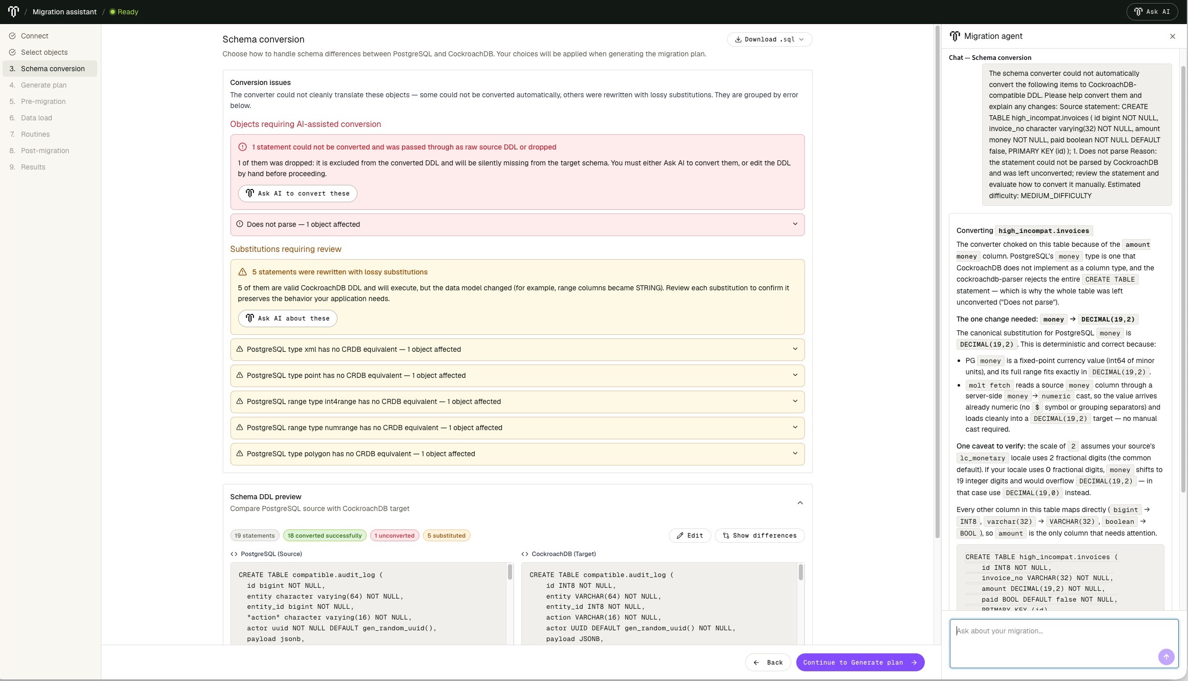 Migration agent panel explaining how to convert an unsupported PostgreSQL money column to CockroachDB DDL