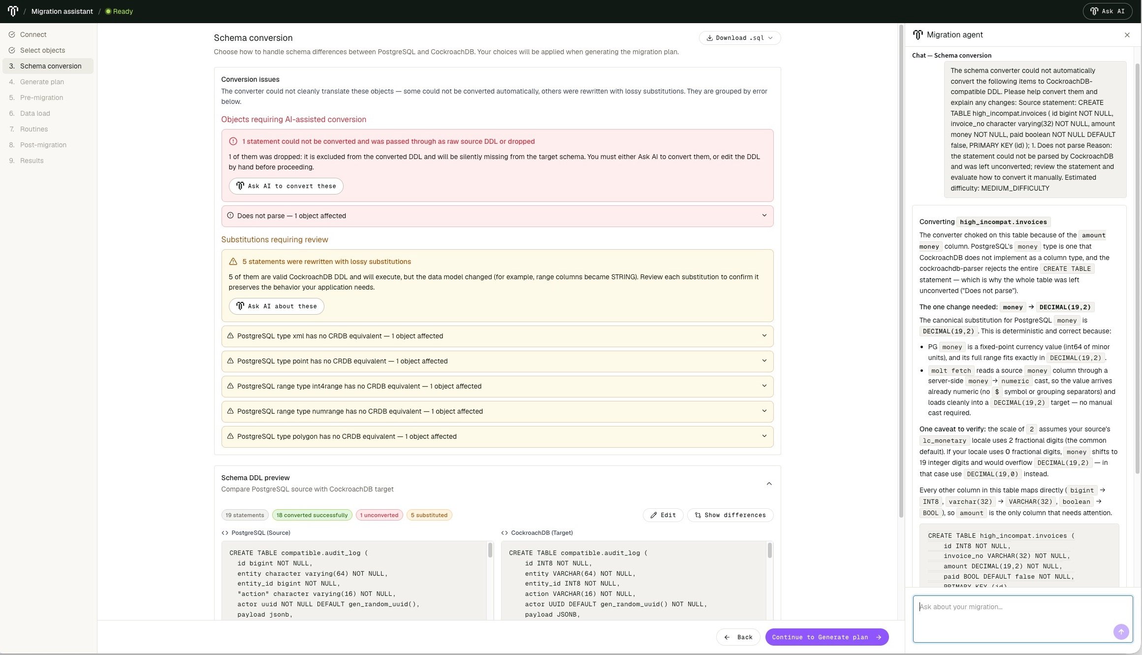 Migration agent panel explaining how to convert an unsupported PostgreSQL money column to CockroachDB DDL