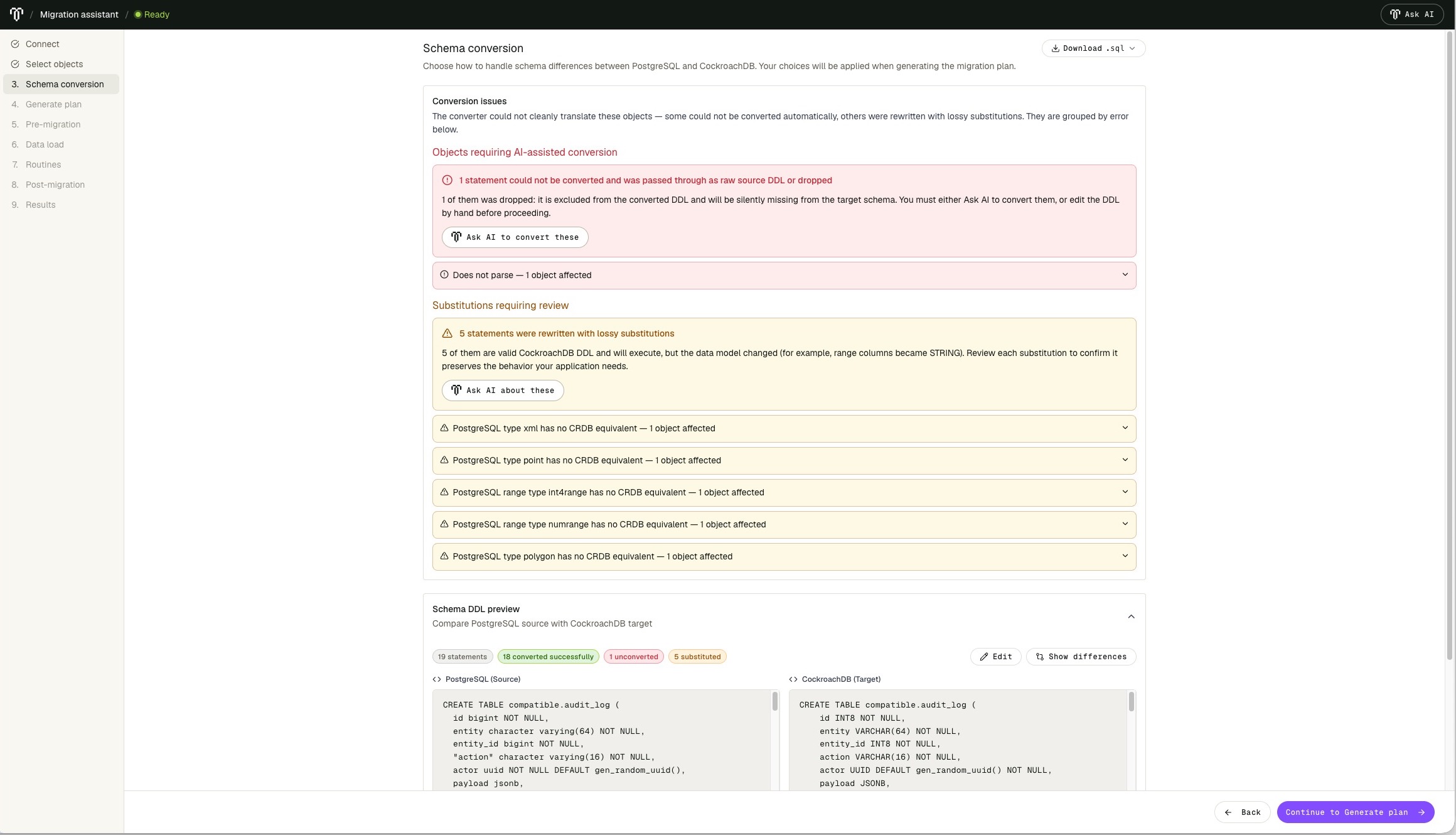 Schema conversion page showing an unconverted statement, lossy substitutions, and source and target DDL