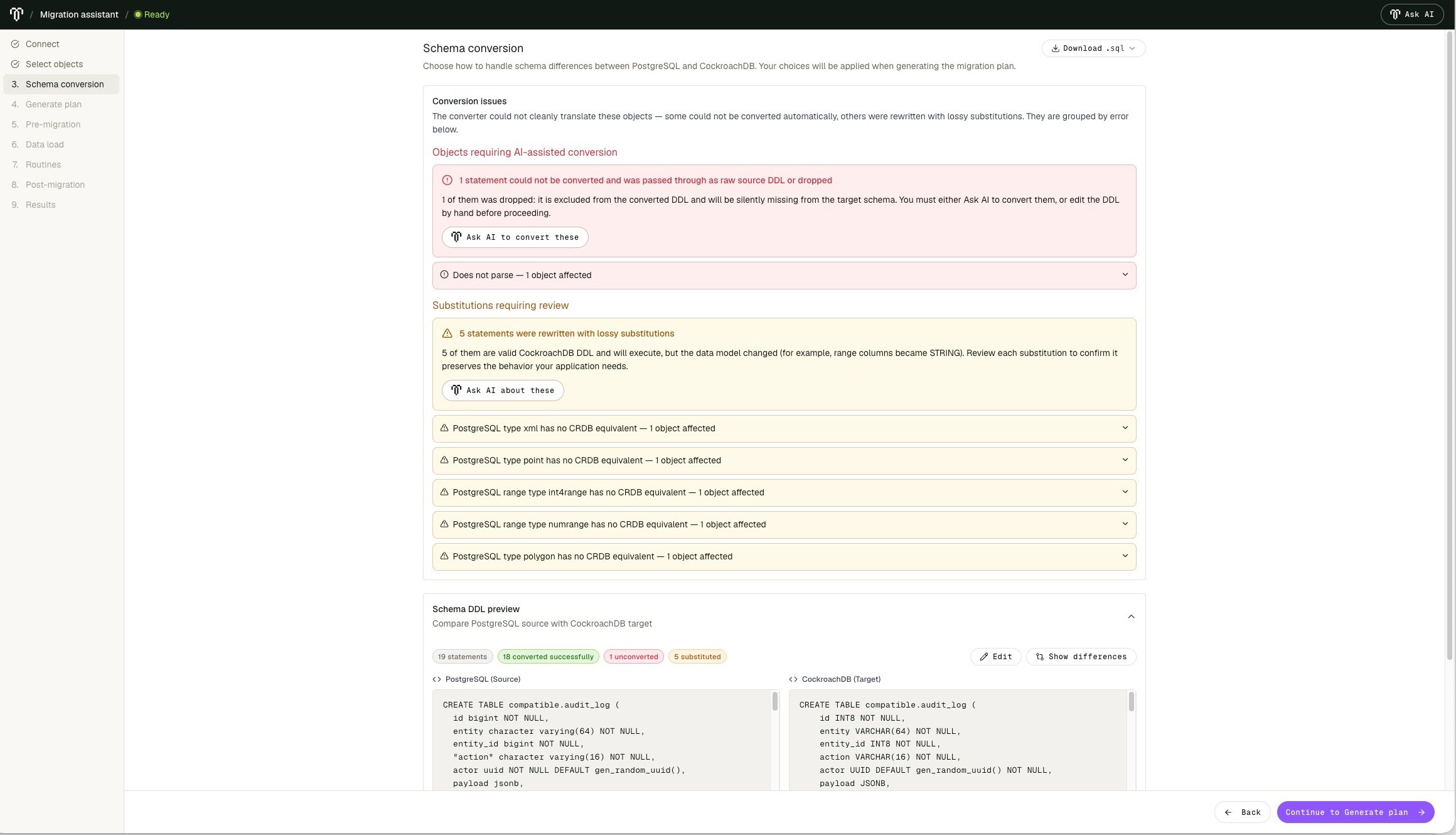Schema conversion page showing an unconverted statement, lossy substitutions, and source and target DDL