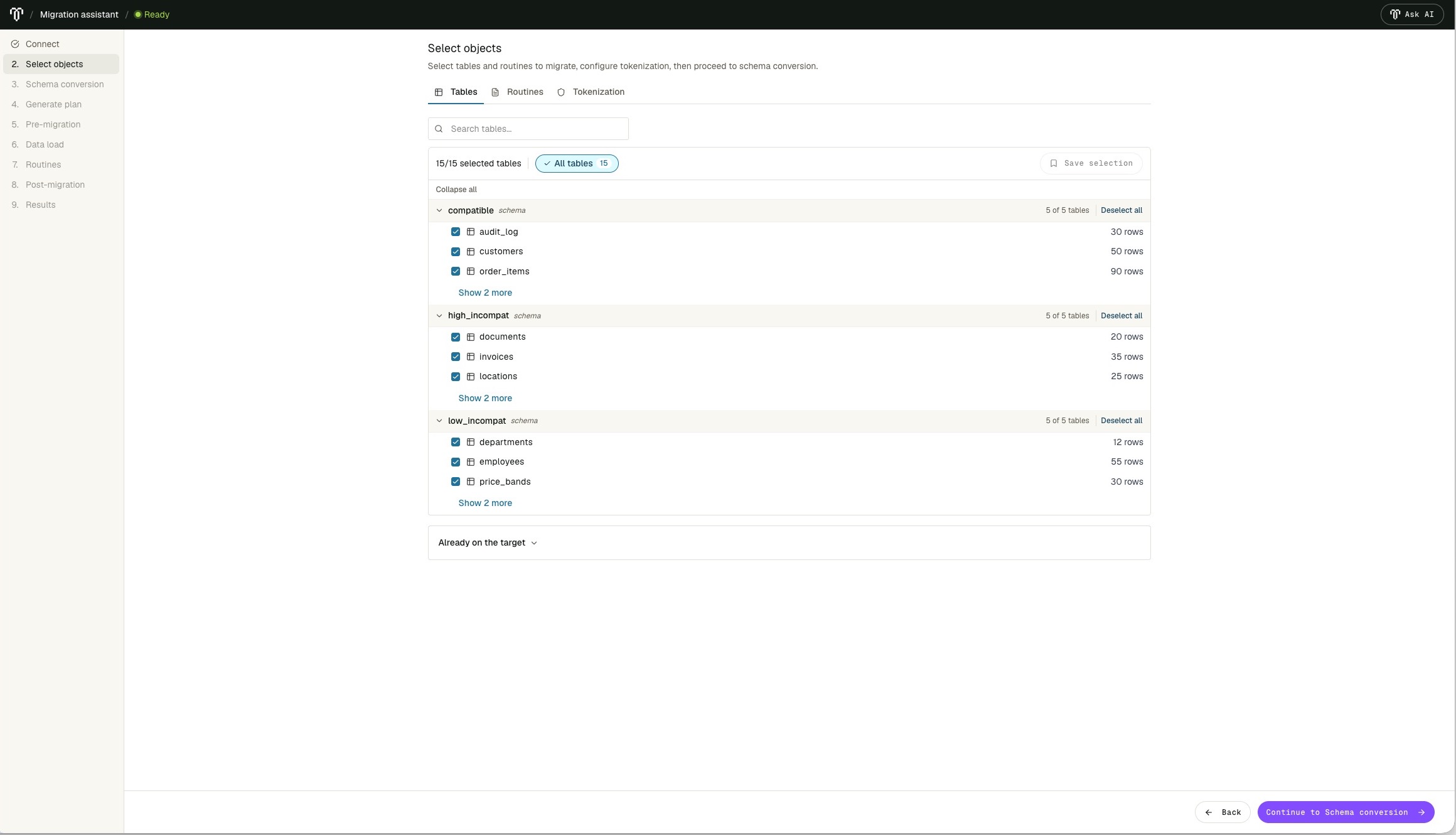 Migration Assistant Select objects page showing selected tables grouped by schema