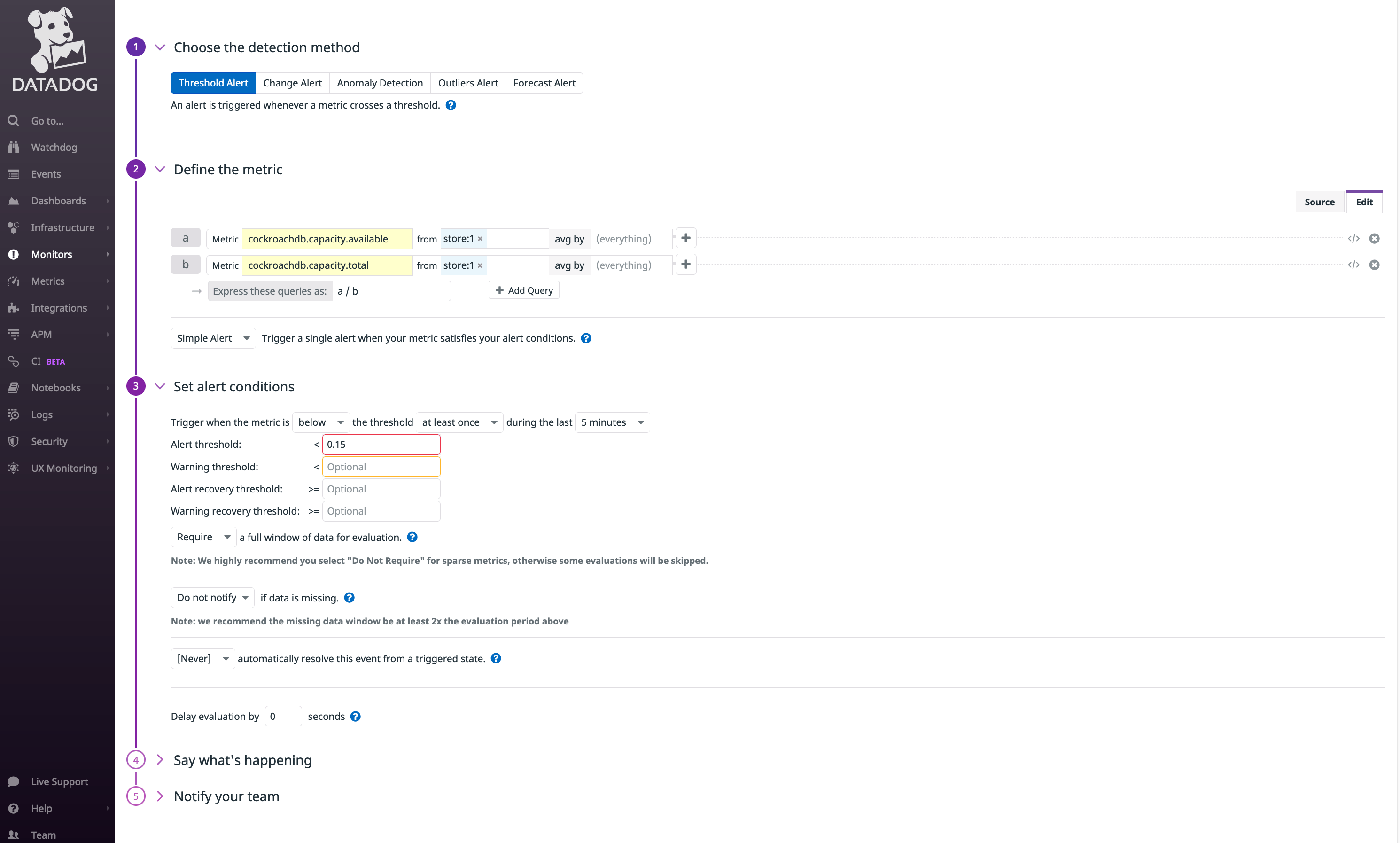 CockroachDB Threshold Alert in Datadog