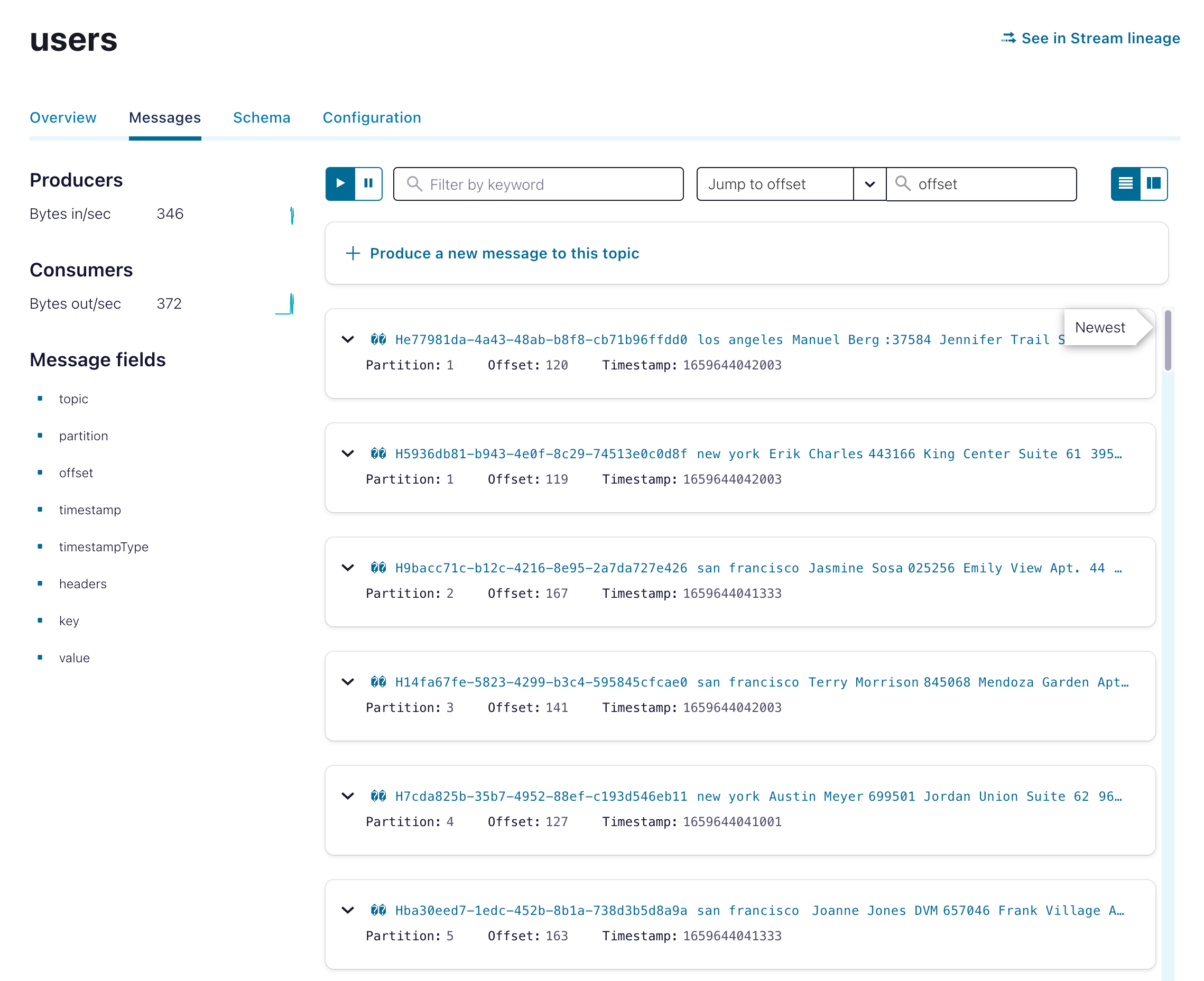 Users topic messages in the Confluent Cloud console.