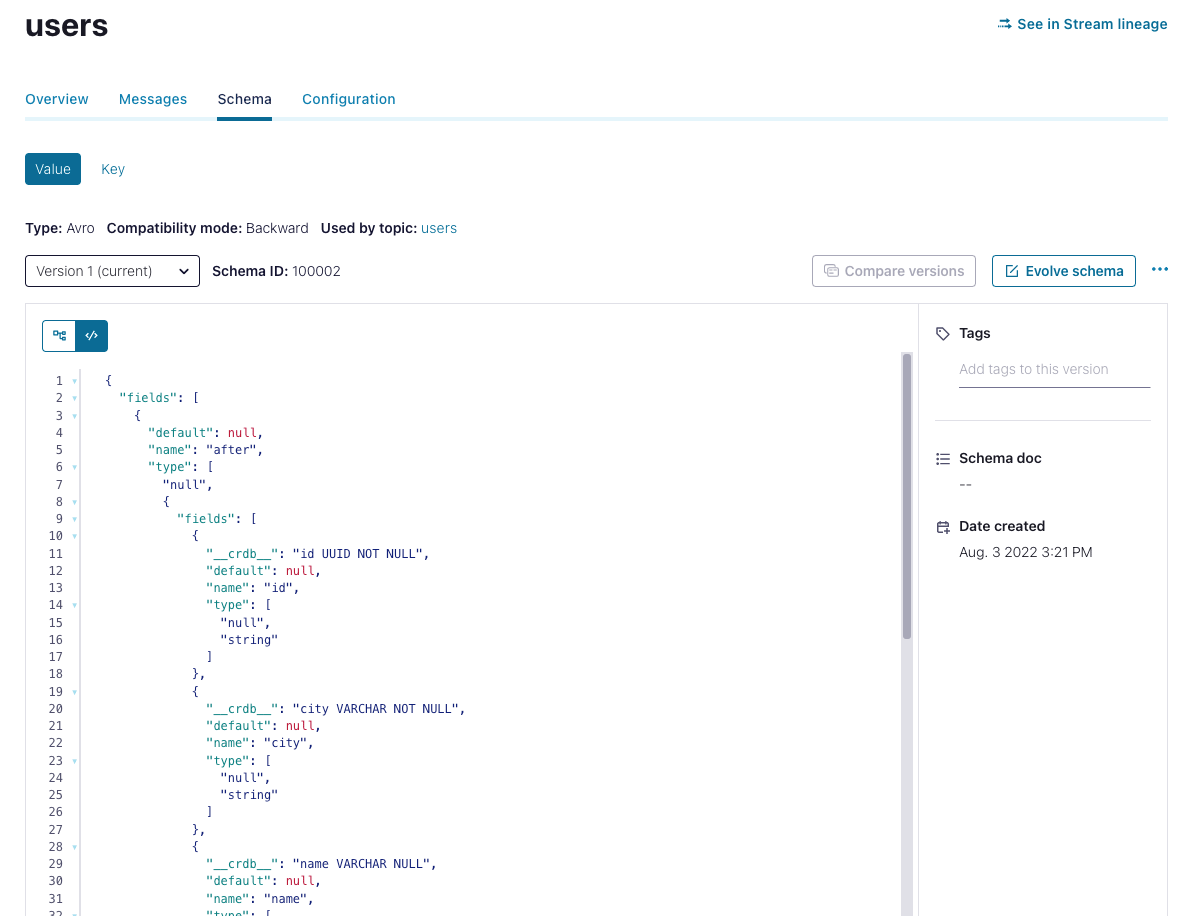 Users vale schema in the Confluent Cloud console.