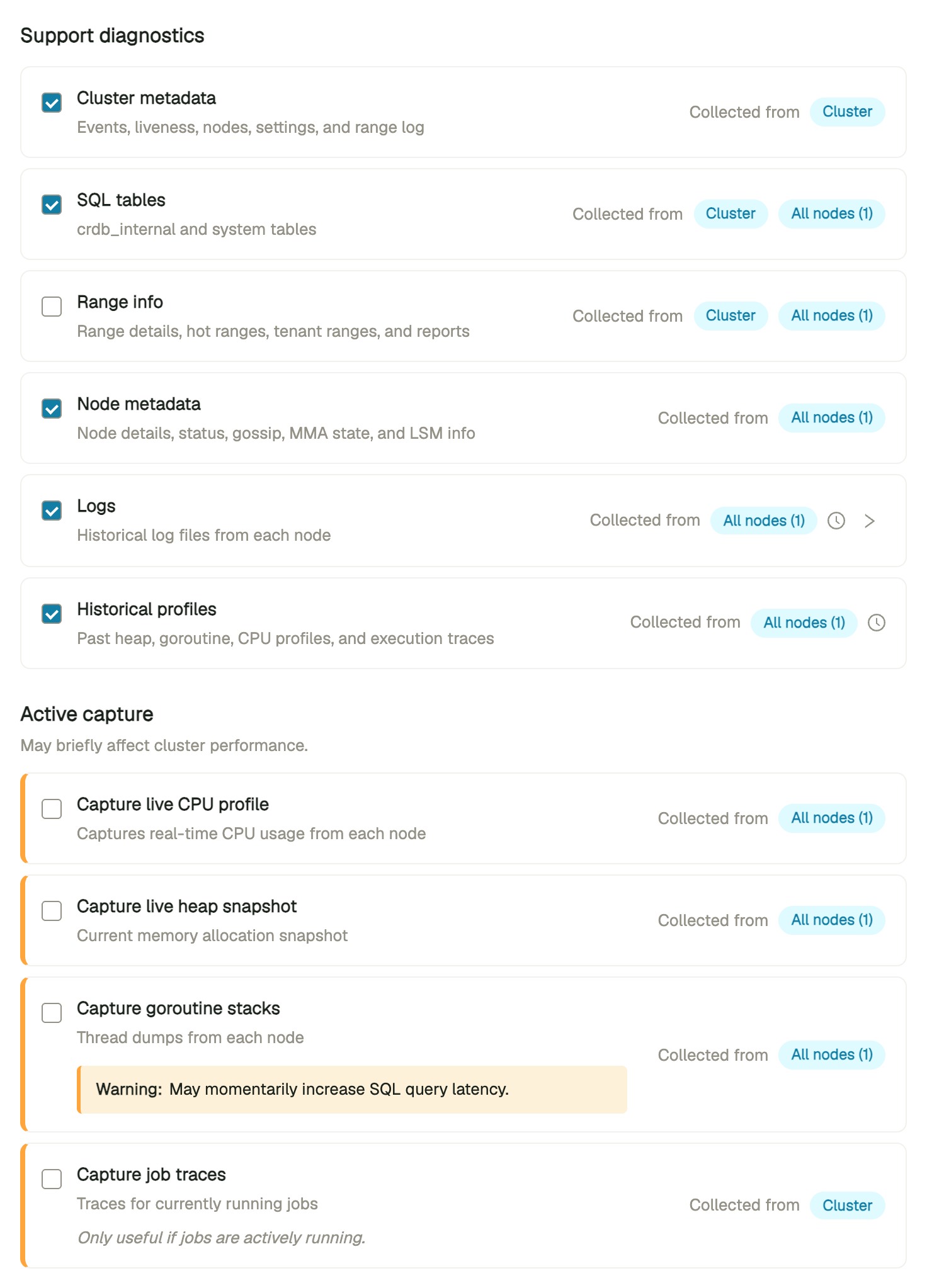 DB Console Generate Debug zip Support diagnostics and Active capture categories