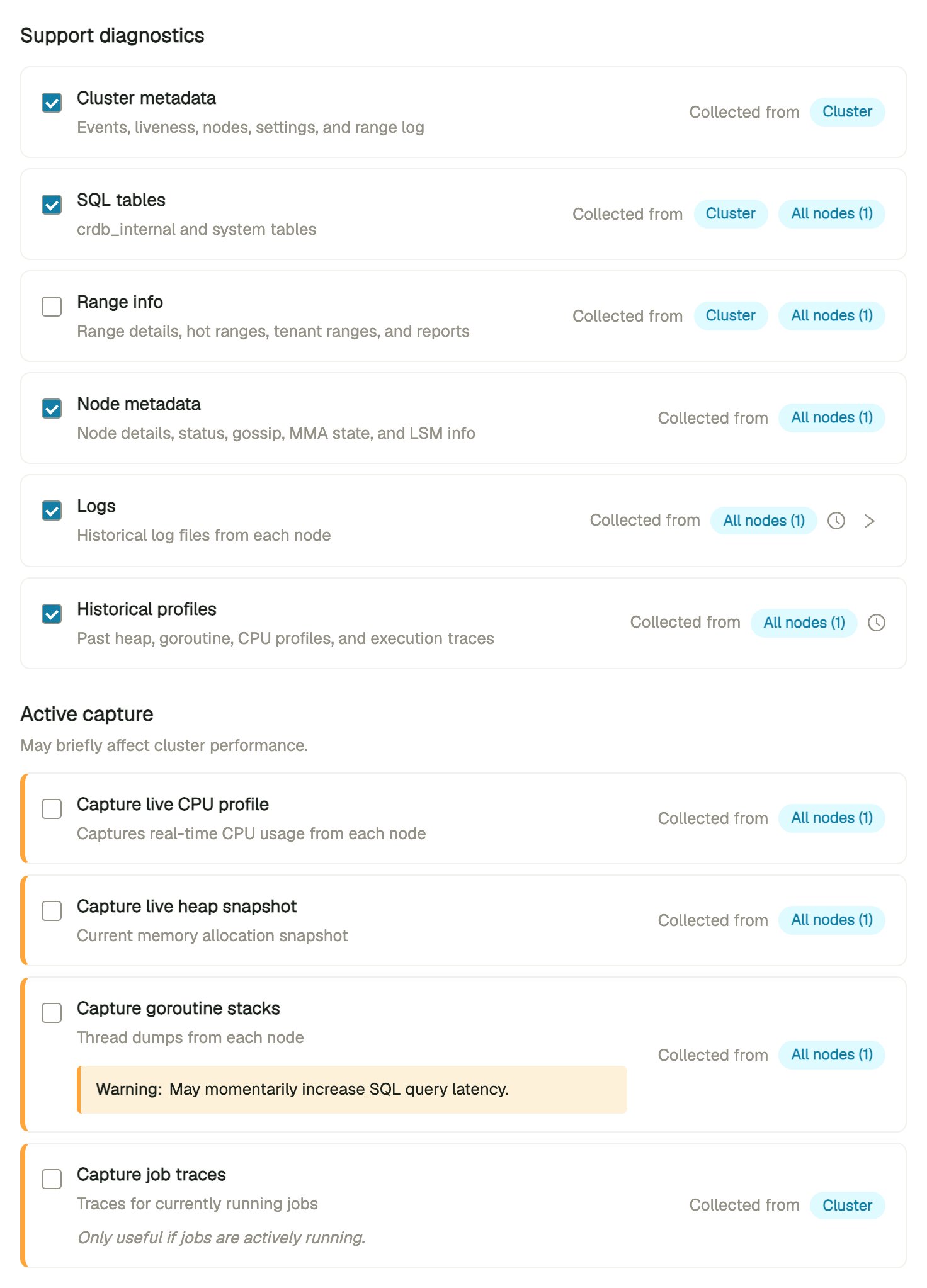DB Console Generate Debug zip Support diagnostics and Active capture categories