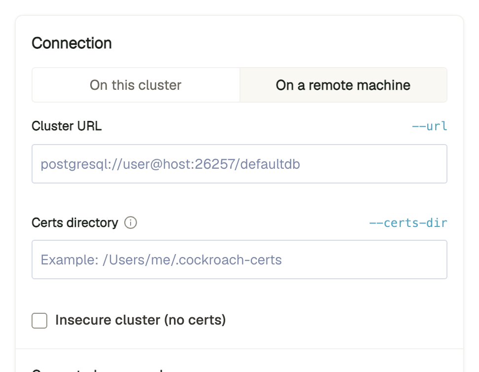 DB Console Generate Debug zip Connection section on the On a remote machine tab