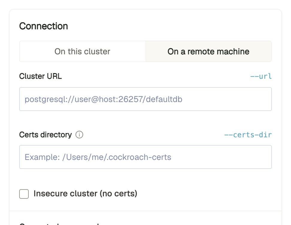 DB Console Generate Debug zip Connection section on the On a remote machine tab