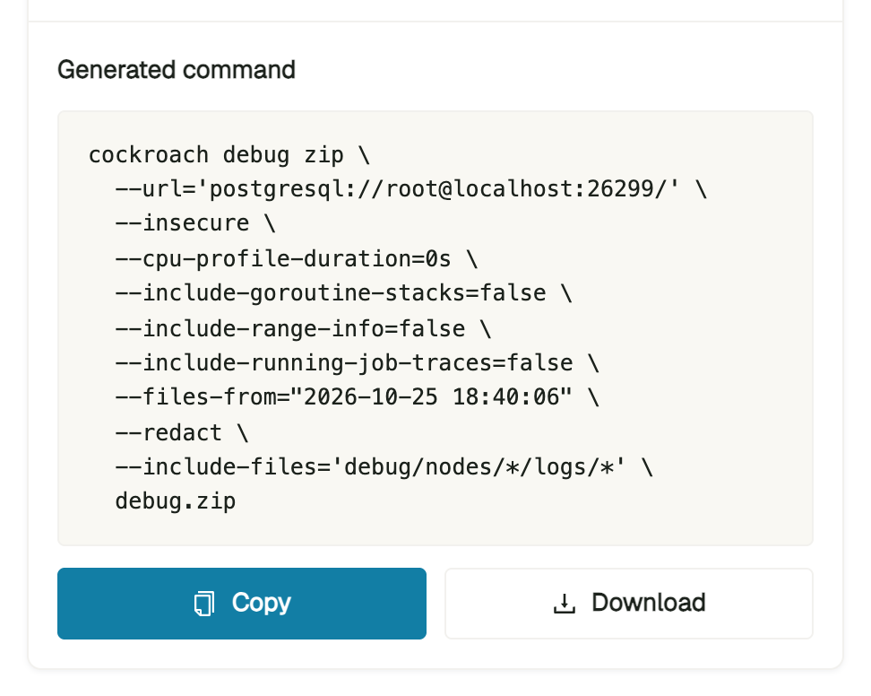 DB Console Generate Debug zip generated command preview with Copy and Download