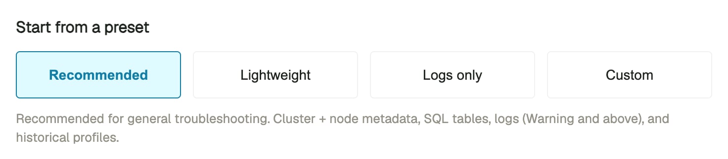 DB Console Generate Debug zip presets with Recommended selected