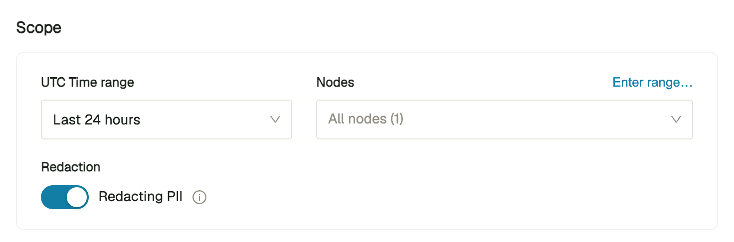 DB Console Generate Debug zip Scope section with UTC Time range, Nodes, and Redaction