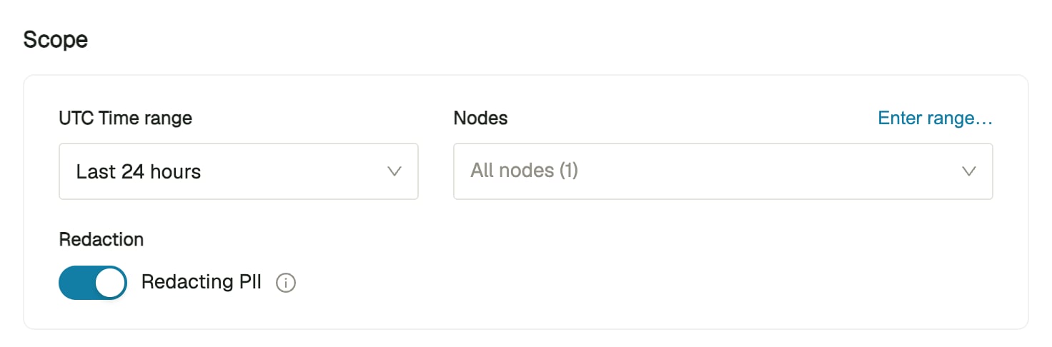 DB Console Generate Debug zip Scope section with UTC Time range, Nodes, and Redaction