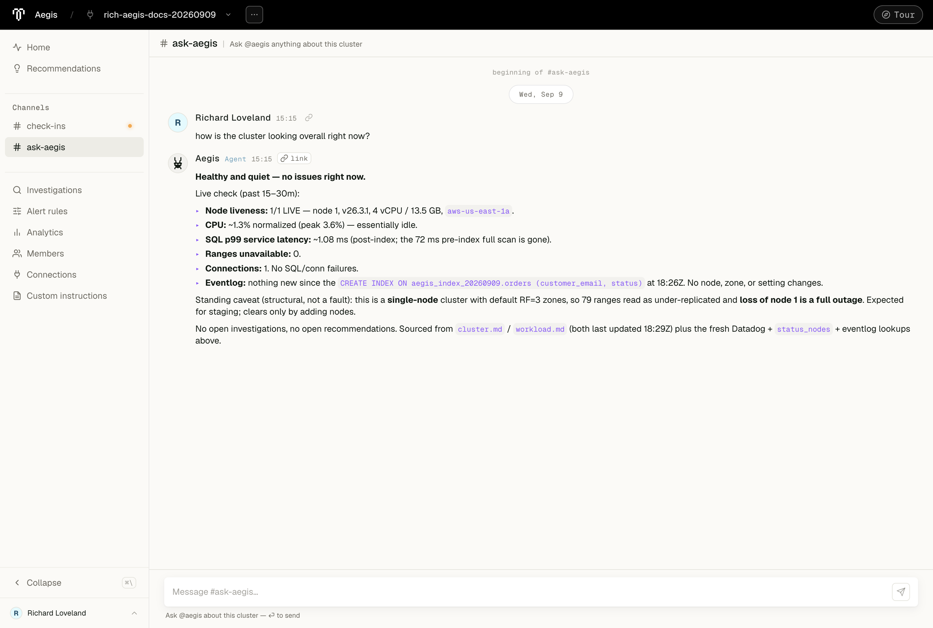 Ask Aegis answering a question about the connected cluster's current health, citing observations and noting the single-node cluster's lack of fault tolerance.