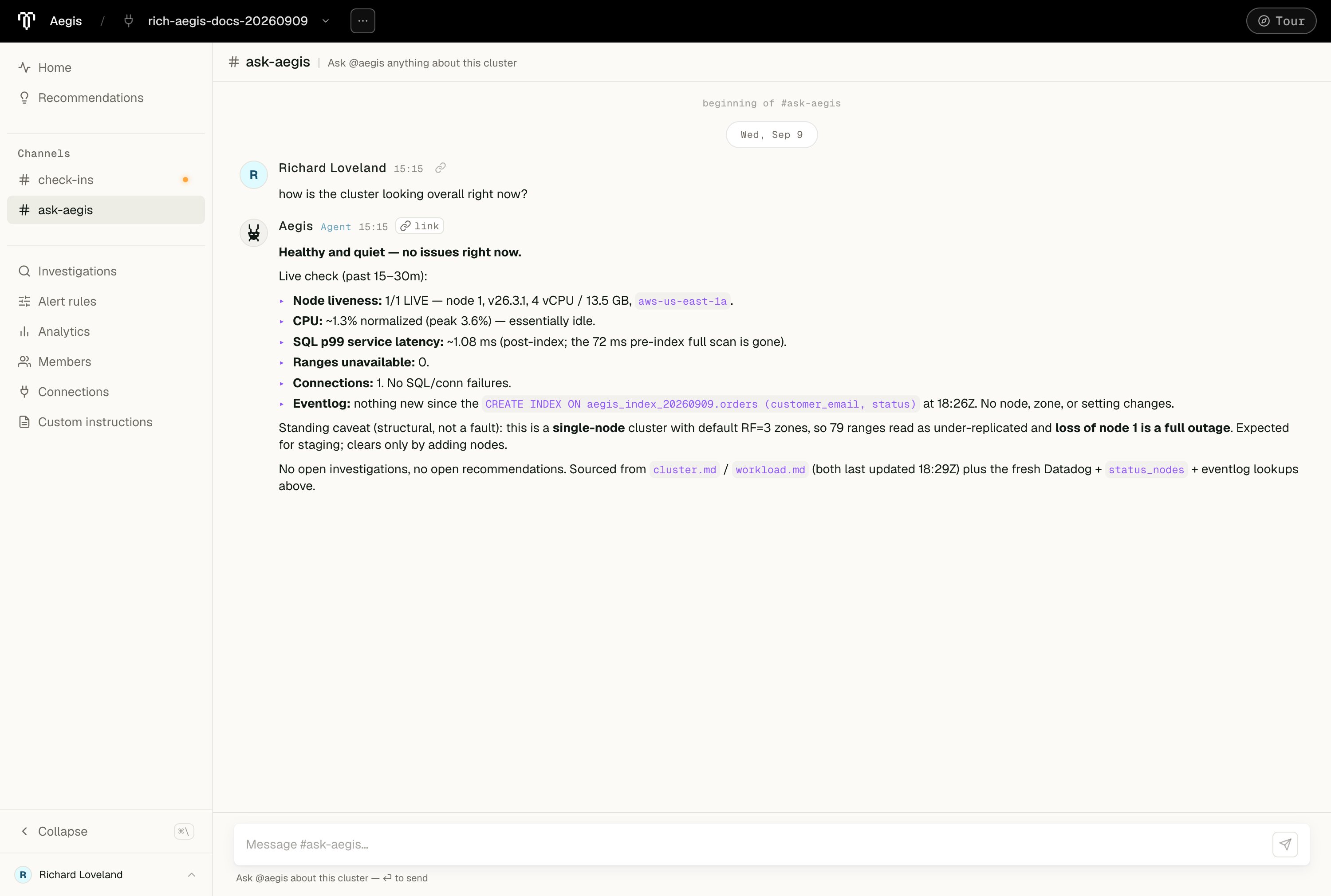 Ask Aegis answering a question about the connected cluster's current health, citing observations and noting the single-node cluster's lack of fault tolerance.