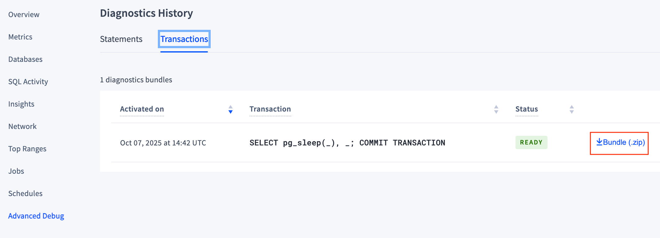 Diagnostics History, Transactions, Status Ready